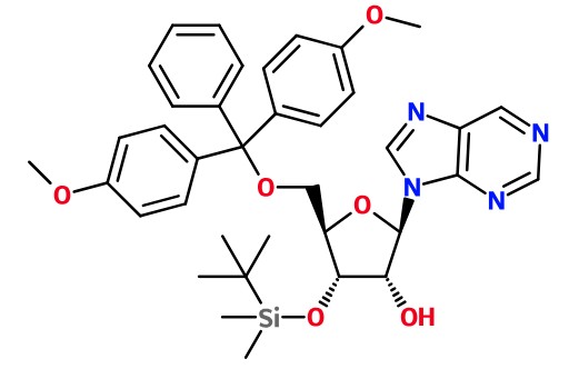 MC085355 (2R,3R,4S,5R)-5-((Bis(4-methoxyphenyl)(phenyl)methoxy)methyl)-4-((tert-butyldimethylsilyl)oxy)-2-(9H-purin-9-yl)tetrahydrofuran-3-ol (image for) MC085355 (2R,3R,4S,5R)-5-((Bis(4-methoxyphenyl)(phenyl)methoxy)methyl)-4-((tert-butyldimethylsilyl)oxy)-2-(9H-purin-9-yl)tetrahydrofuran-3-ol